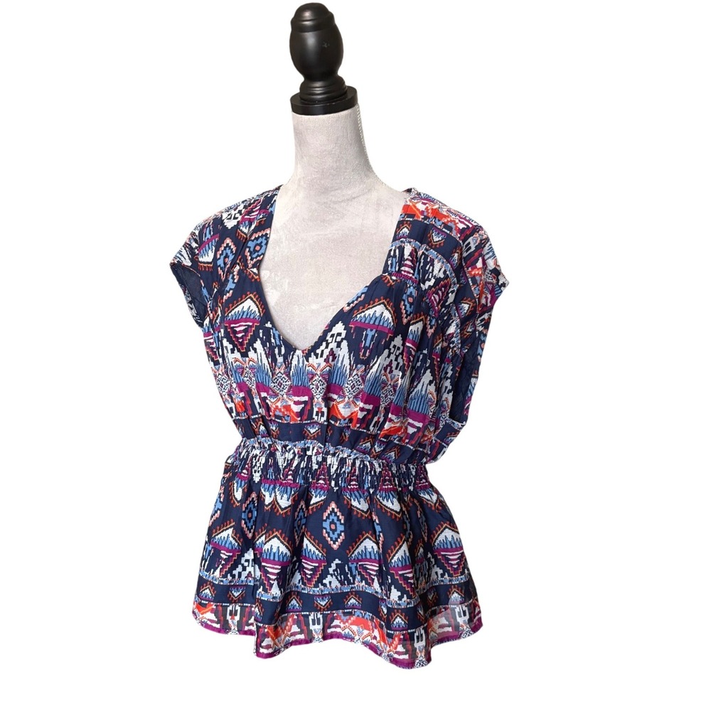 NEW Old Navy Womens Blue Geometric Ikat Smocked Waist Peplum V-Neck‎ Blouse Top